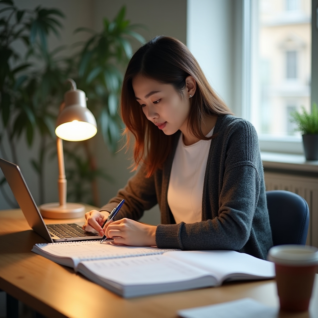 Consultora agendando un turno en una agenda de escritorio junto a una laptop