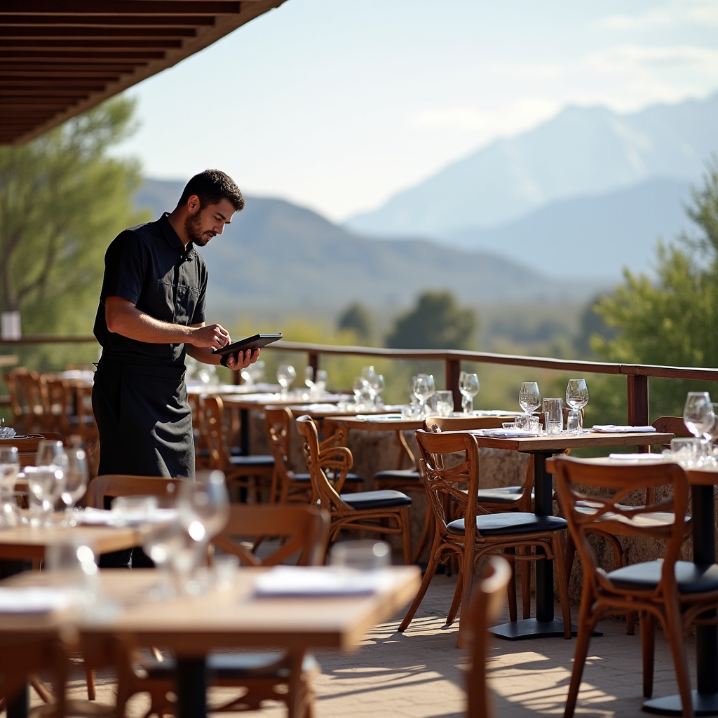 Terraza de un restaurante en Mendoza preparada para el servicio del mediodía